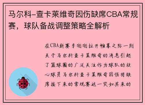 马尔科-查卡莱维奇因伤缺席CBA常规赛，球队备战调整策略全解析