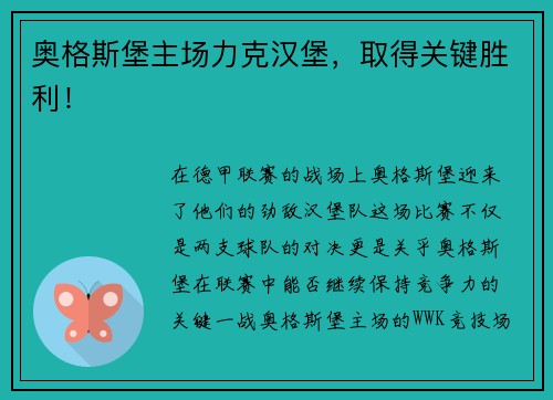 奥格斯堡主场力克汉堡，取得关键胜利！