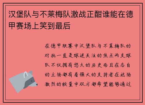 汉堡队与不莱梅队激战正酣谁能在德甲赛场上笑到最后