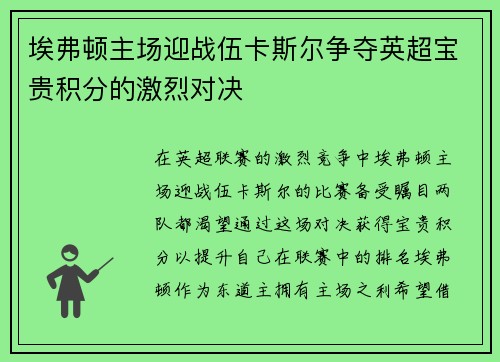 埃弗顿主场迎战伍卡斯尔争夺英超宝贵积分的激烈对决