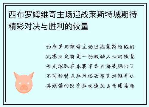 西布罗姆维奇主场迎战莱斯特城期待精彩对决与胜利的较量
