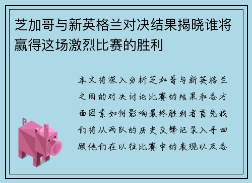 芝加哥与新英格兰对决结果揭晓谁将赢得这场激烈比赛的胜利