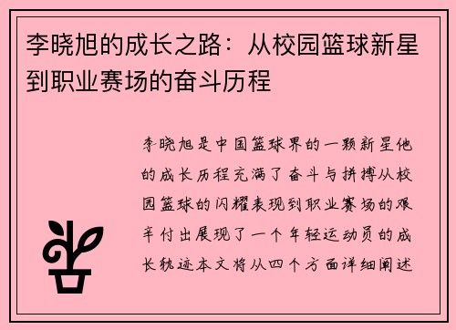 李晓旭的成长之路：从校园篮球新星到职业赛场的奋斗历程