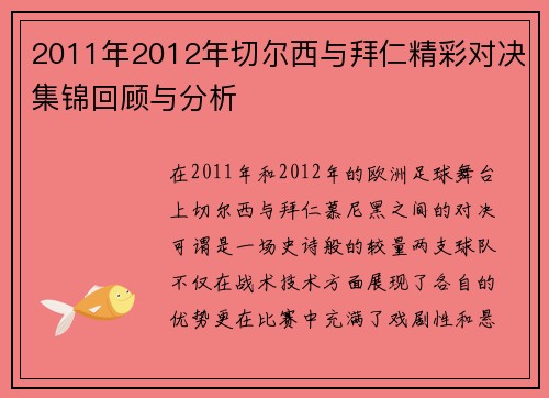 2011年2012年切尔西与拜仁精彩对决集锦回顾与分析