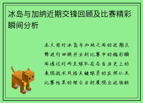 冰岛与加纳近期交锋回顾及比赛精彩瞬间分析