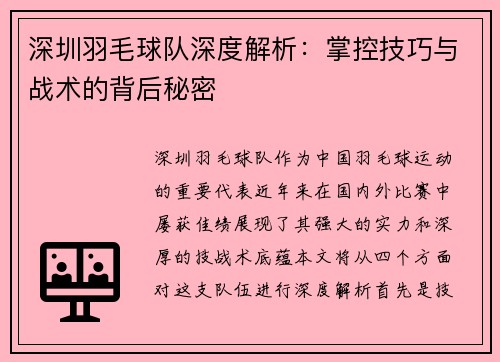 深圳羽毛球队深度解析：掌控技巧与战术的背后秘密